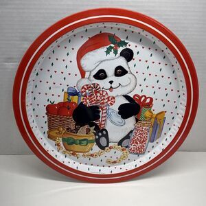 Vtg Christmas 13” Serving Tray Metal Panda Treats Candy Cane Red White Giftco